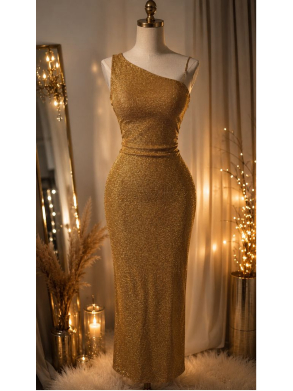 David Meister Gold Metallic One Shoulder Evening Gown Maxi Formal Dress Size 2